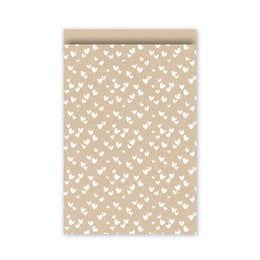 Gift bags in kraft/white, gold/rose, and rose/gold colors, available in 3 sizes (7x13cm, 12x19cm, 17x25cm). The bags feature a repeating heart pattern design.