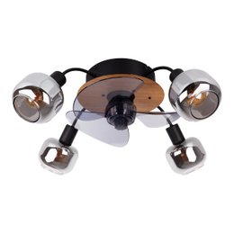 Ceiling lamp with integrated fan, excluding light bulb. Features a round, wooden base with 4 adjustable chrome-plated spotlights.