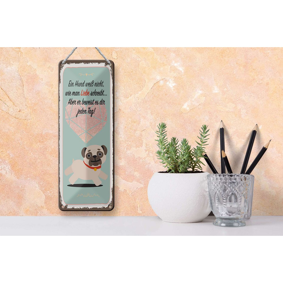 Blechschild Spruch 27x10 cm Hund weiß nicht wie man Liebe schreibt Deko Schild