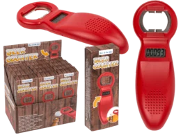 Red bottle opener with beer counter, ergonomic handle design, functional bar tool accessory.