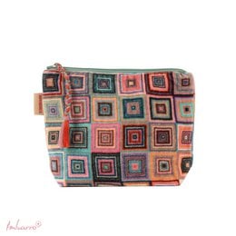 Colorful geometric square blocks pattern pouch, multicolor fabric toiletry bag with vibrant color blocking design.