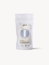  "Atlantic sea salt refill pouch, white packaging, coarse salt crystals, minimalist design"