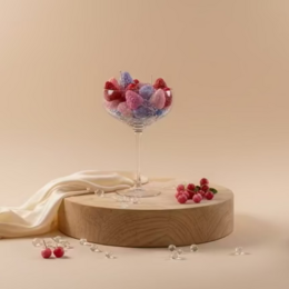  Transparent gel candle with double wick, cocktail glass shape, red and purple forest fruits, handcrafted, elegant home decor.