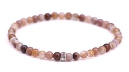Beaded bracelet made of natural agate stones in shades of pink, brown, and white. Features a metal accent bead.