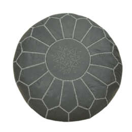 Gray leather pouf with intricate geometric pattern, suitable for use as a cushion or footrest.