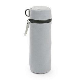Gray insulated bottle holder with zipper closure, suitable for kids' bottles.