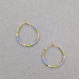 Green light blue Miyuki beaded hoop earrings, gold silver, circular beaded design
