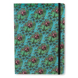 A turquoise notebook with a repeating pattern of red lotus flowers and green leaves. The notebook has a hardcover and an elastic closure.