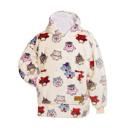 Cozy owl-patterned hoodie blanket with socks, perfect for snuggling up on chilly days. Soft, plush material in a cream color with colorful owl designs.