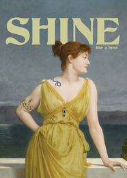 A yellow dress with short sleeves, featuring a woman with red hair on the cover of the "Shine" magazine.