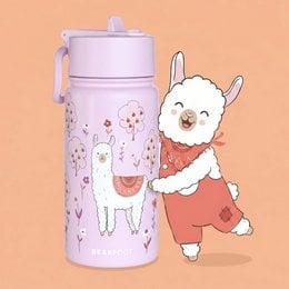 A stainless steel children's drinking bottle with a llama design in a light purple color. The bottle features a llama illustration along with floral patterns.