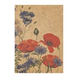 Vibrant red poppies and blue cornflowers against a textured beige background, creating a beautiful floral greeting card design.