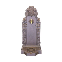 Ornate dark brown aluminum fountain with brass tap, decorative scrollwork design, tall elegant shape, garden water feature