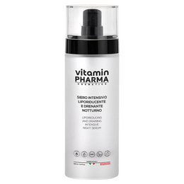 Intensive liporeducing and draining night serum in a white bottle with a black pump dispenser.