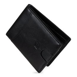 Black leather wallet with snap closure and multiple card slots.