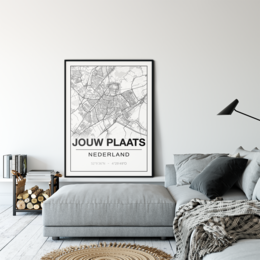 Poster featuring a detailed map of Jouw Plaats, a city or town. The poster showcases the city's streets, landmarks, and geographic features in a monochrome style.
