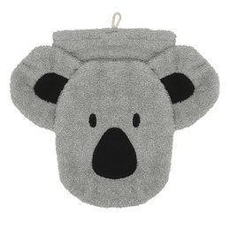 Large, soft, gray koala-shaped washcloth made of natural, biodegradable materials.