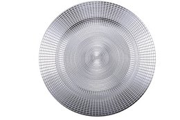 Silver round placemat with a textured concentric circle pattern. Suitable for formal dining or elegant table settings.
