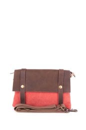 Shoulder bag with a combination of brown, red, and teal colors. Features a rectangular shape with a flap closure and metal hardware accents.