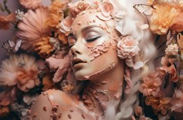 Vibrant floral poster featuring a woman's face surrounded by colorful flowers in shades of pink, orange, and white.