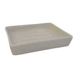 Handmade ceramic soap dish in a simple, minimalist white design. Rectangular shape with grooved surface for drainage.