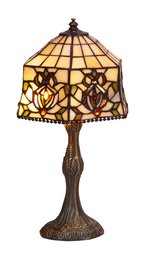 Tiffany-style table lamp with hexagonal screen, bronze-colored base, and decorative floral pattern.