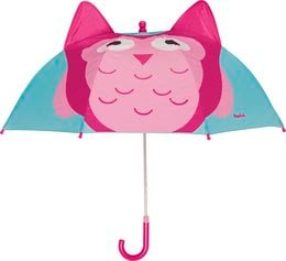 A turquoise and pink umbrella with an owl design, suitable for babies and young children.