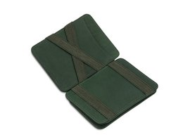Green RFID-blocking wallet with multiple card slots and compartments for cash and coins.