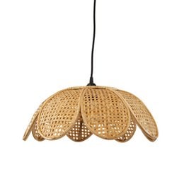 Natural hanging lamp with woven rattan shade in a floral petal design. Provides warm, ambient lighting for pendant lighting fixtures.