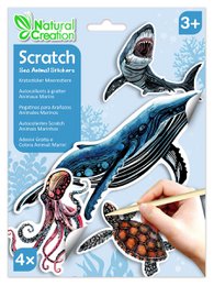 Scratch stickers featuring vibrant sea animal designs, including a shark and an octopus, perfect for creative and imaginative play.