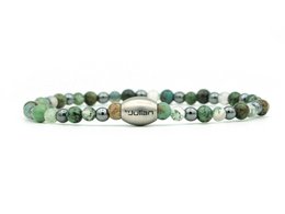 A green and white beaded bracelet with a mix of colors and textures, suitable for casual or formal wear.