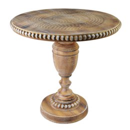  A round, wooden coffee table with a natural finish and a decorative pattern on the top. The table has a pedestal base and measures approximately 41.5 x 41.5 x 40 cm.