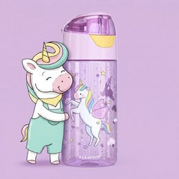 A light-colored, unicorn-themed water bottle with a purple and yellow design. The bottle features a unicorn graphic, stars, and other whimsical elements.