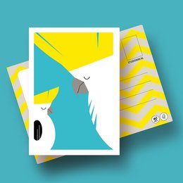 Colorful, abstract postcard design featuring a stylized cockatoo bird in shades of blue, yellow, and black. The design has a modern, geometric style.
