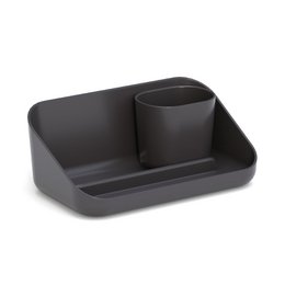  Black desktop organizer with round cup holder, rectangular storage compartment, modern minimalist design.