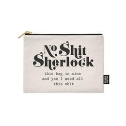 "A white makeup pouch with the text 'No Shit Sherlock' printed on it. The pouch has a zipper closure and appears to be made of a durable, canvas-like material."