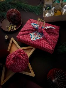 Furoshiki Geschenkpapier, Geschenkpapier aus Stoff, Blaugrün und Kirsche, doppelseitig (wendbar)