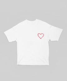  Oversized white t-shirt with a small red heart graphic on the front. Available in sizes XS to 3XL and colors white, black, and ecru.