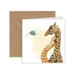 Greeting card featuring a giraffe and a small bird, with a whimsical and romantic design. The card is suitable for love-themed occasions.