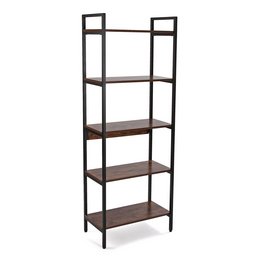 5-level shelving unit with a modern, industrial-inspired design. Constructed with a sturdy metal frame and wood shelves, providing ample storage space for books, decor, and more.