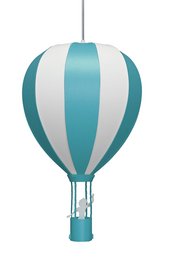 Turquoise and white striped hot air balloon pendant light, suitable for children's room or nursery.