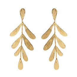 Elegant gold-toned drop earrings with a leaf-like design, featuring multiple teardrop-shaped pendants that create a cascading effect. These earrings would be a stylish accessory for any occasion.