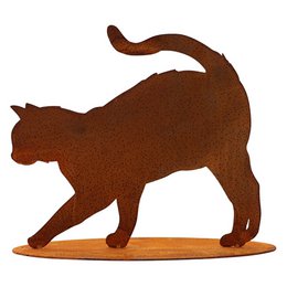 Decorative metal cat figure on a base plate, with a patina finish, suitable for indoor display.