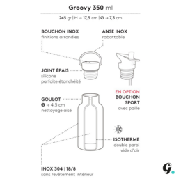 Gaspajoe isolerede vandflasker, GROOVY model 350 ml - indgraveret Colibri, Lotus Line og Gingko