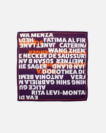  Purple and white scarf with text print pattern, square shape, casual style accessory