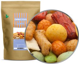Assorted savory snack mix with a variety of textures and flavors, including crunchy fried potato pieces, spicy sausage bites, and tangy pickled vegetables.