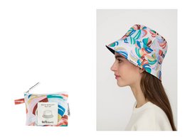  Colorful, patterned, waterproof, and packable hat made from recycled materials. Features a tropical, abstract design in vibrant hues. Suitable for outdoor activities and weather protection.