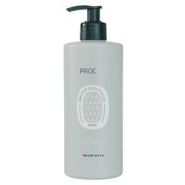 A white and gray bottle of PROCLE body wash with a pump dispenser. The bottle has a simple, minimalist design with the PROCLE logo prominently displayed.