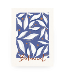  A botanical-inspired poster featuring a repeating pattern of abstract leaf shapes in shades of blue and orange.