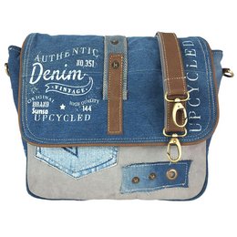 Sustainable denim messenger bag with canvas, vintage style, and large crossbody design for women.